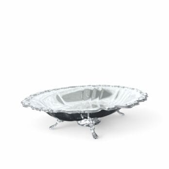 Centrotavola ovale in silver plated con bordi e piedini decorati