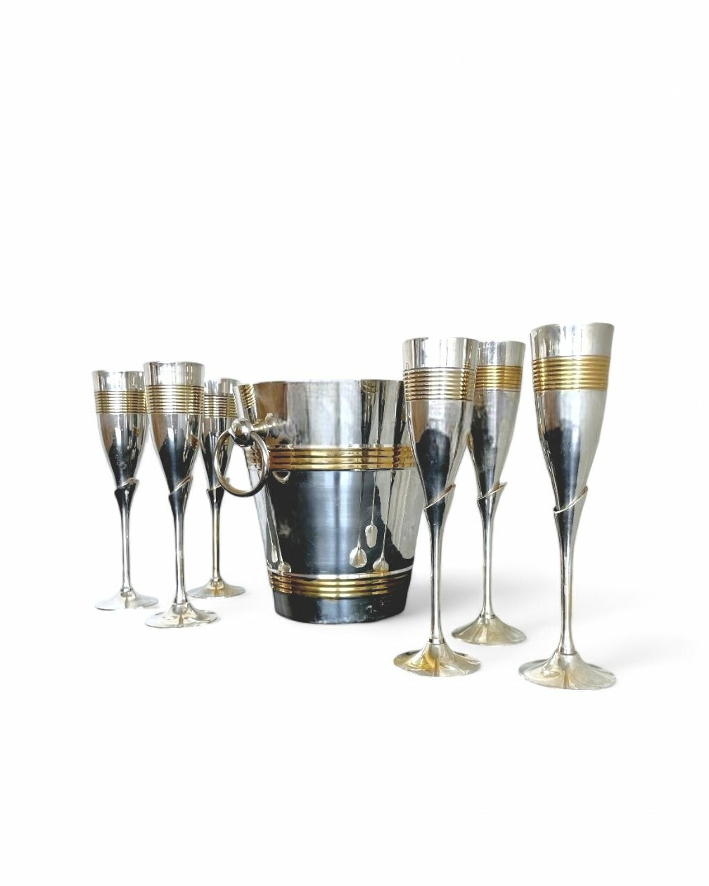 French champagne bucket and 6 silver and gold flutes