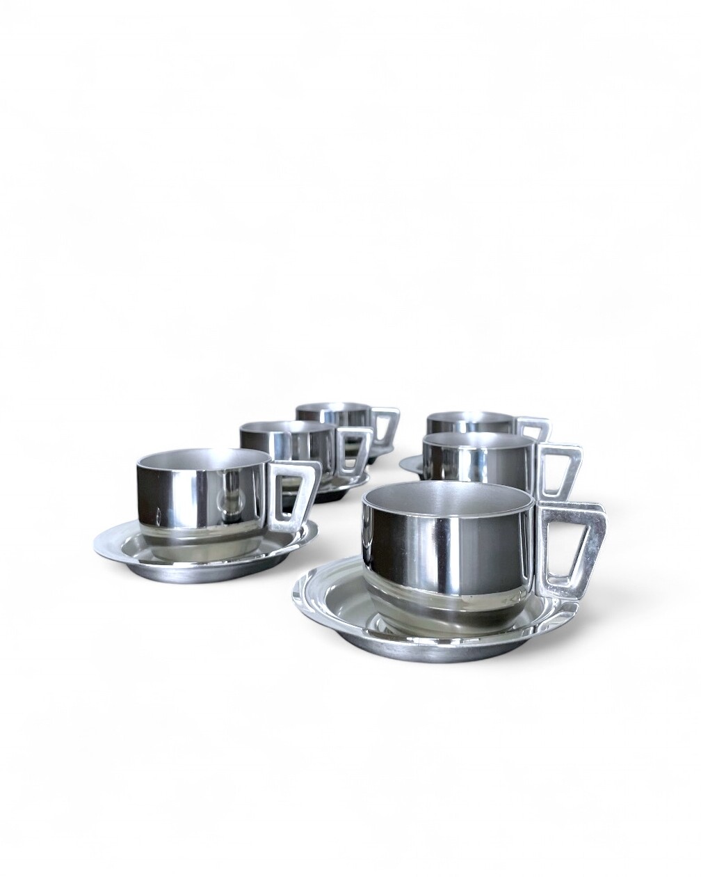 Set of 6 vintage stainless steel cups and saucers