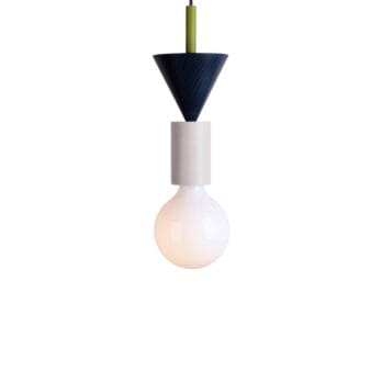 The "Omen" lighting consists of 3 elements: A socket with cream colored finish, a midnight blue colored piece and a moss green colored element on top. The textile cable color is dark blue.